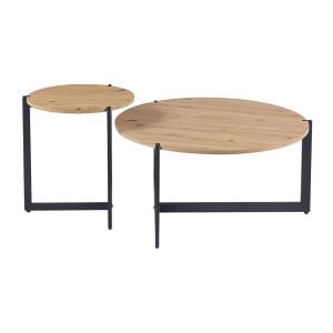 Set di due tavolini rotondi in stile industriale collezione BIANCA - Colore rovere chiaro e nero.
