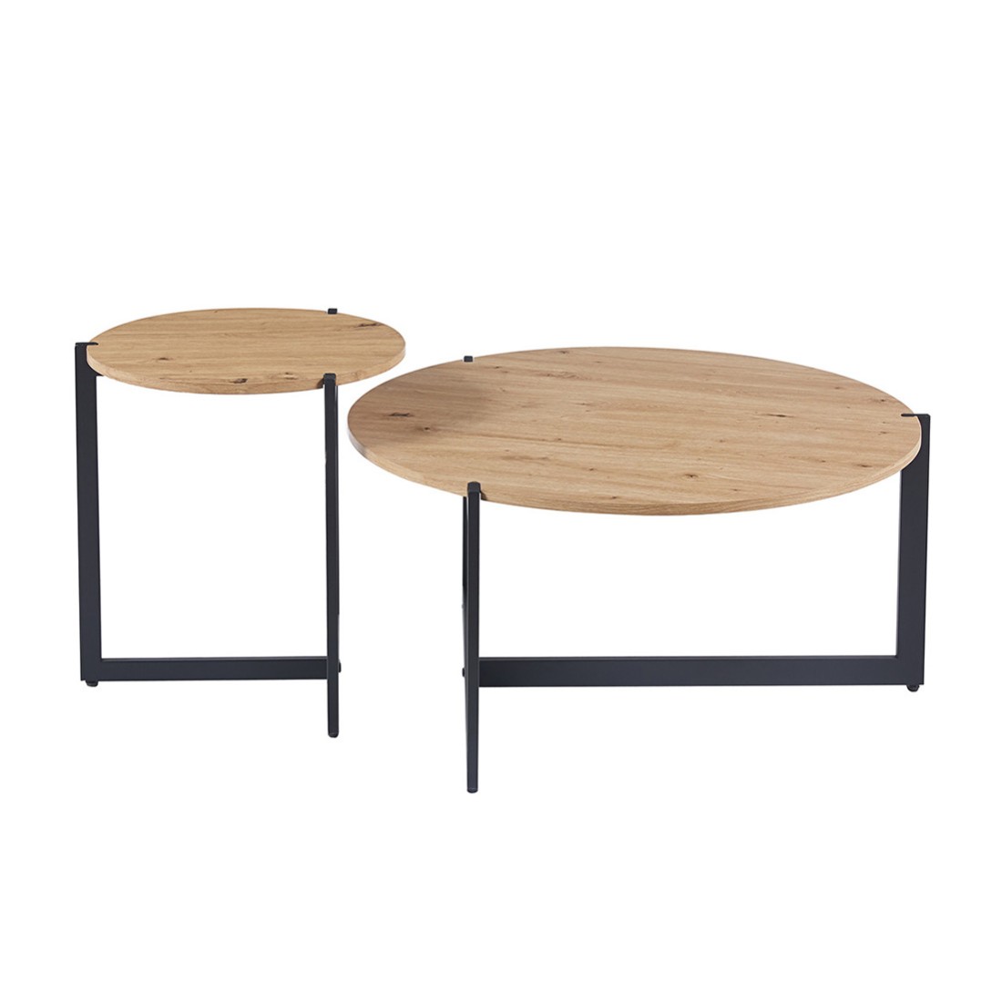 Set di due tavolini rotondi in stile industriale collezione BIANCA - Colore rovere chiaro e nero.