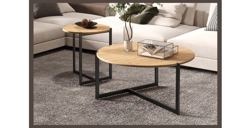 Set di due tavolini rotondi in stile industriale collezione BIANCA - Colore rovere chiaro e nero.