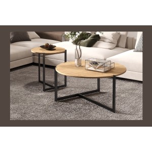 Set di due tavolini rotondi in stile industriale collezione BIANCA - Colore rovere chiaro e nero.