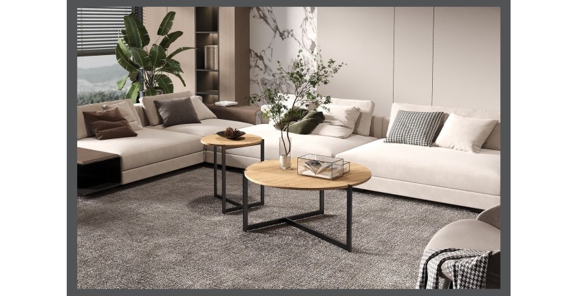 Set di due tavolini rotondi in stile industriale collezione BIANCA - Colore rovere chiaro e nero.