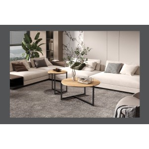 Set di due tavolini rotondi in stile industriale collezione BIANCA - Colore rovere chiaro e nero.