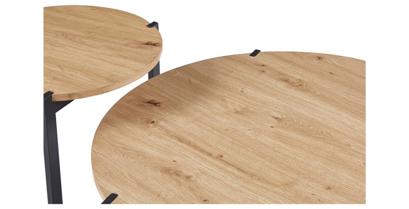 Set di due tavolini rotondi in stile industriale collezione BIANCA - Colore rovere chiaro e nero.