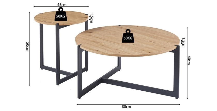 Set di due tavolini rotondi in stile industriale collezione BIANCA - Colore rovere chiaro e nero.