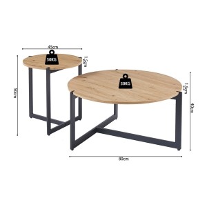 Set di due tavolini rotondi in stile industriale collezione BIANCA - Colore rovere chiaro e nero.