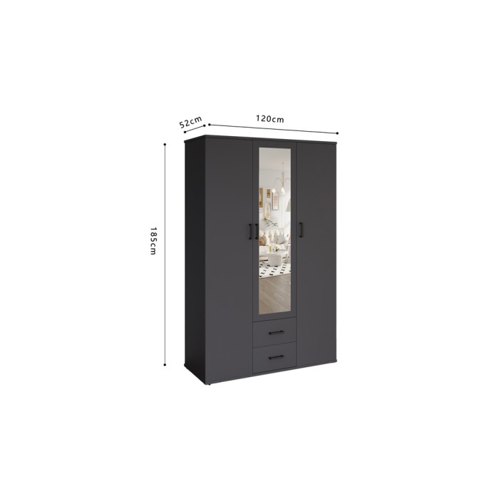 Kast TOM - 3 deuren - Kleur antracietgrijs - Kledingkast + planken - L120 cm - Design