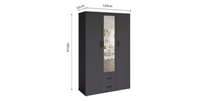 Armario TOM – 3 puertas – Color gris antracita – Armario + estantes – L120 cm – Diseño