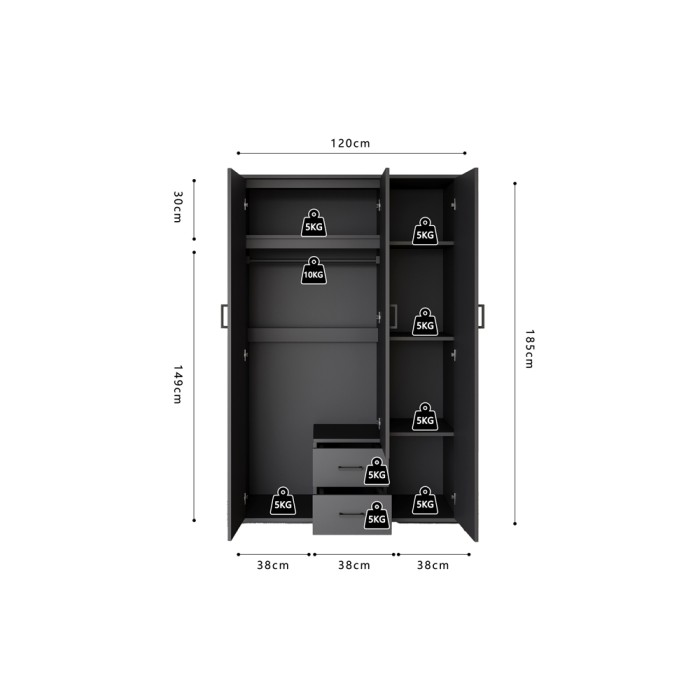Kast TOM - 3 deuren - Kleur antracietgrijs - Kledingkast + planken - L120 cm - Design