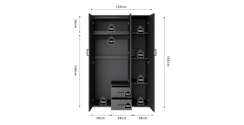 Armario TOM – 3 puertas – Color gris antracita – Armario + estantes – L120 cm – Diseño