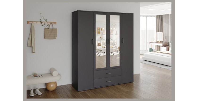 Armario TOM – 4 puertas con espejos – Color gris antracita – L160 cm – Diseño moderno y gran almacenamiento