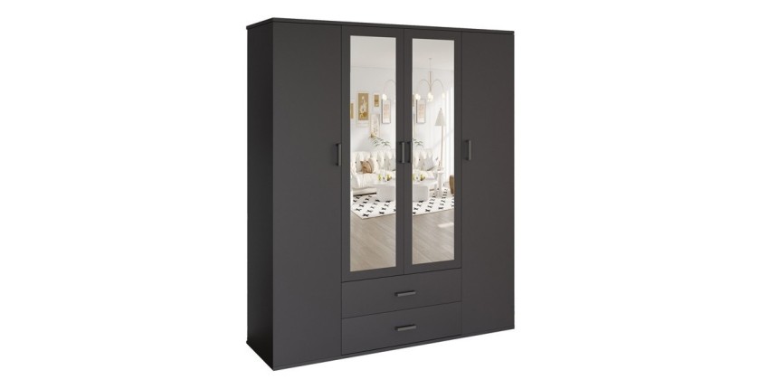 Armoire TOM – 4 portes avec miroirs – Coloris gris anthracite – L160 cm – Design moderne et grand rangement