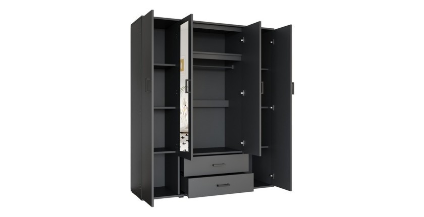 Armario TOM – 4 puertas con espejos – Color gris antracita – L160 cm – Diseño moderno y gran almacenamiento