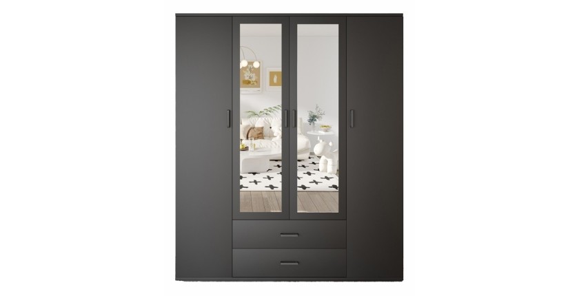 Armoire TOM – 4 portes avec miroirs – Coloris gris anthracite – L160 cm – Design moderne et grand rangement