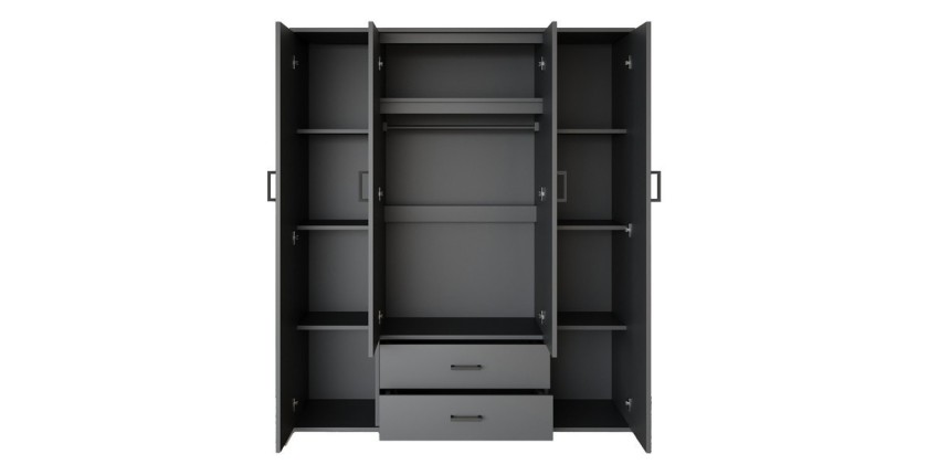 Armoire TOM – 4 portes avec miroirs – Coloris gris anthracite – L160 cm – Design moderne et grand rangement