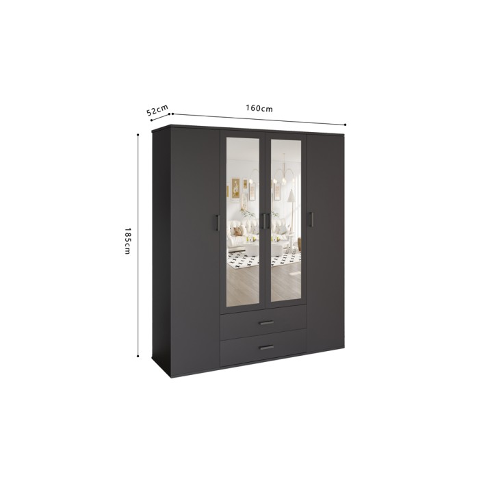 Kast TOM – 4 deuren met spiegels – Antracietgrijs – L160 cm – Modern ontwerp en veel opbergruimte