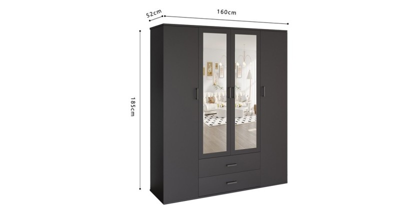 Armario TOM – 4 puertas con espejos – Color gris antracita – L160 cm – Diseño moderno y gran almacenamiento