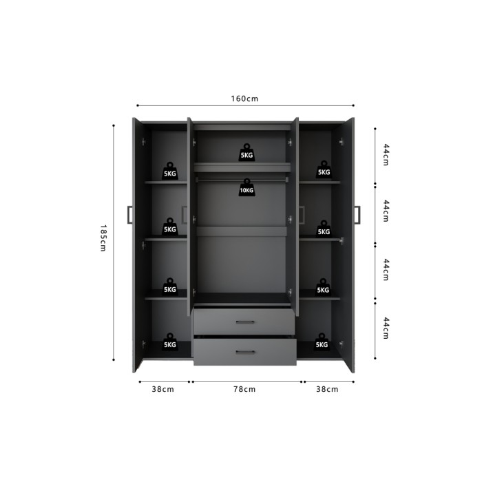 Kast TOM – 4 deuren met spiegels – Antracietgrijs – L160 cm – Modern ontwerp en veel opbergruimte