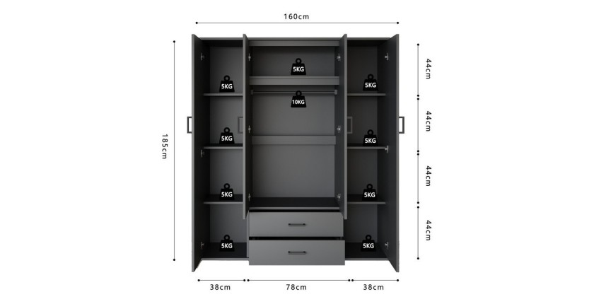 Armoire TOM – 4 portes avec miroirs – Coloris gris anthracite – L160 cm – Design moderne et grand rangement
