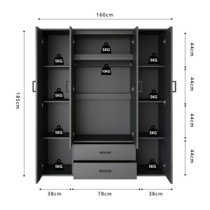 Armario TOM – 4 puertas con espejos – Color gris antracita – L160 cm – Diseño moderno y gran almacenamiento