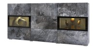 Buffet 130 cm RAMOS – Gris effet ardoise et noir – LED multicolores intégrées – 2 portes vitrées + 3 tiroirs