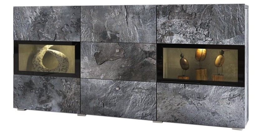 Buffet 130 cm RAMOS – Gris effet ardoise et noir – LED multicolores intégrées – 2 portes vitrées + 3 tiroirs