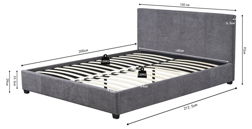 Dubbel bed ROMA - 140x200 cm - PU grijs - Lattenbodem inbegrepen - Modern ontwerp - MDF structuur