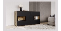 Buffet RAMOS 130 cm – Chêne et noir super mat – 2 portes vitrées et 3 tiroirs – Sans LED