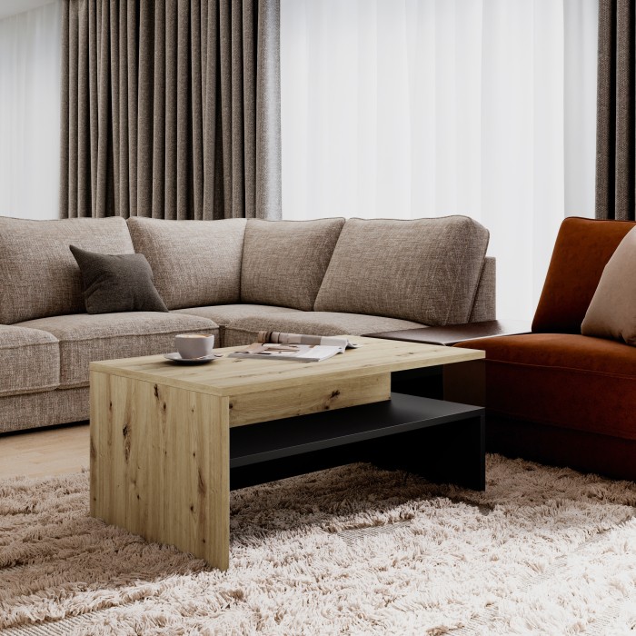 Table basse RAMOS – Design chêne et noir super mat – Plateau avec rangement intégré – 100x60 cm