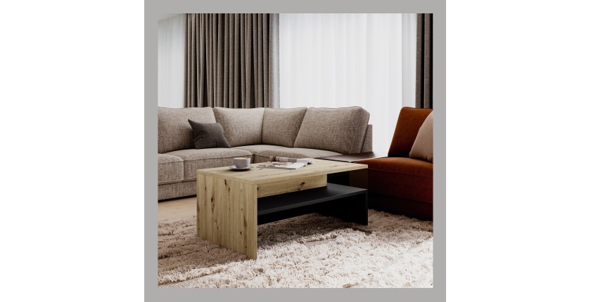 Table basse RAMOS – Design chêne et noir super mat – Plateau avec rangement intégré – 100x60 cm