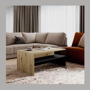 Table basse RAMOS – Design chêne et noir super mat – Plateau avec rangement intégré – 100x60 cm