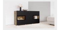 Buffet RAMOS 130 cm – Chêne et noir super mat – LED multicolores intégrées – 2 portes vitrées + 3 tiroirs