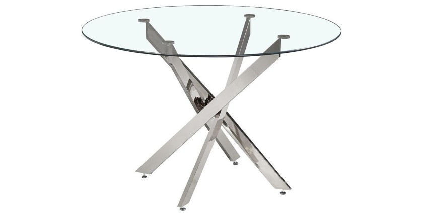 Table à manger CRISTELIA – Ronde Ø120 cm – Plateau en verre – Pieds chromés – Design élégant et moderne 