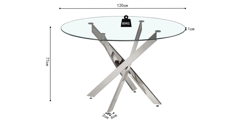 Table à manger CRISTELIA – Ronde Ø120 cm – Plateau en verre – Pieds chromés – Design élégant et moderne 