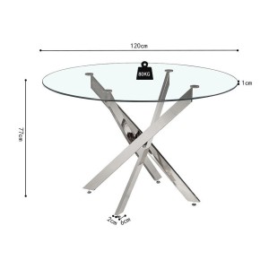 Table à manger CRISTELIA – Ronde Ø120 cm – Plateau en verre – Pieds chromés – Design élégant et moderne 