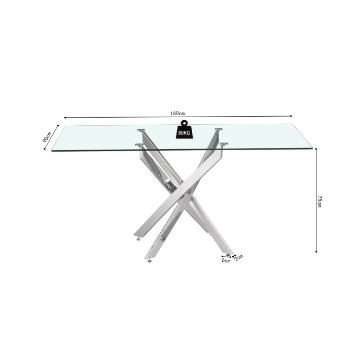 Table à manger CRISTELIA – 160x90 cm – Plateau en verre – Pieds en métal chromé – Design élégant et lumineux 