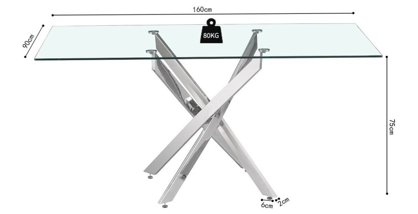 Table à manger CRISTELIA – 160x90 cm – Plateau en verre – Pieds en métal chromé – Design élégant et lumineux 