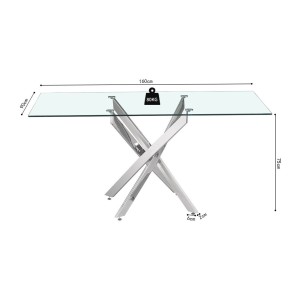 Table à manger CRISTELIA – 160x90 cm – Plateau en verre – Pieds en métal chromé – Design élégant et lumineux 