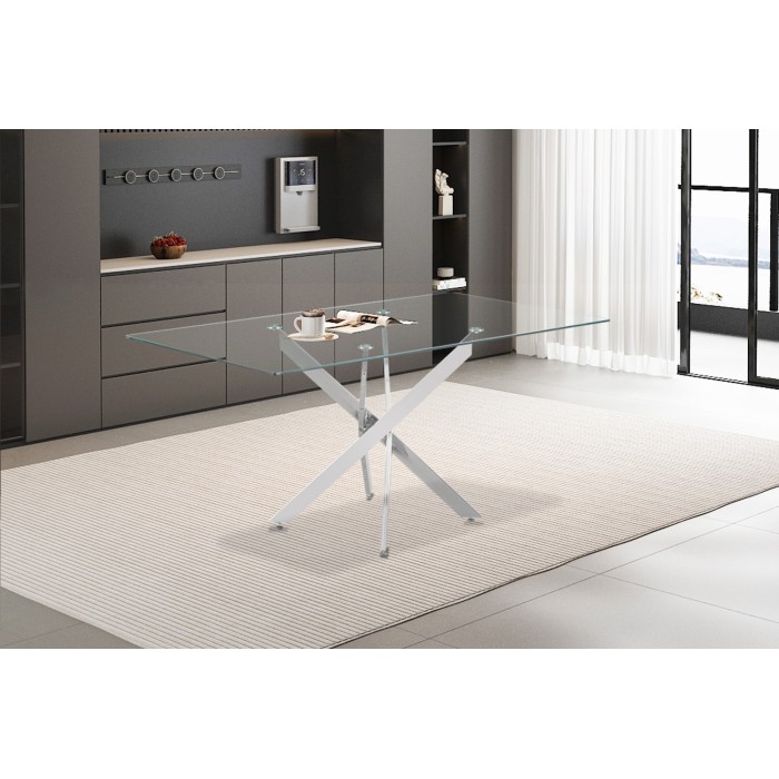 Table à manger CRISTELIA – 160x90 cm – Plateau en verre – Pieds en métal chromé – Design élégant et lumineux 