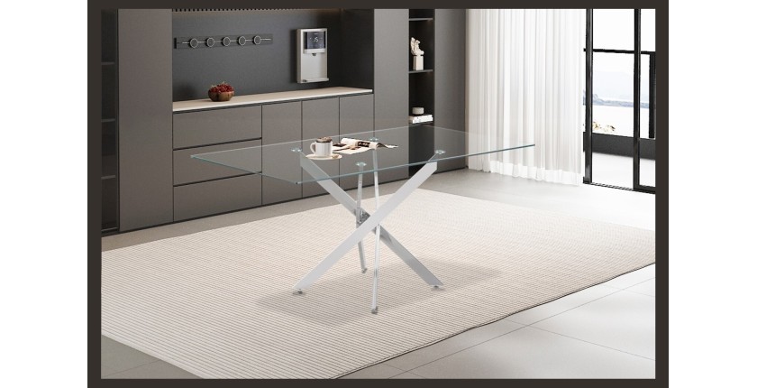 Table à manger CRISTELIA – 160x90 cm – Plateau en verre – Pieds en métal chromé – Design élégant et lumineux 