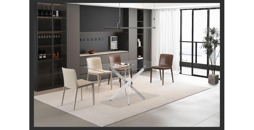 Table à manger CRISTELIA – 160x90 cm – Plateau en verre – Pieds en métal chromé – Design élégant et lumineux 