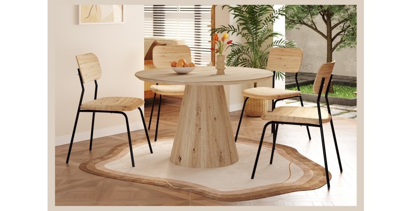 Table à manger SOLENA – Ø120 cm – Coloris chêne vieilli – Design rond – Style contemporain et chaleureux 