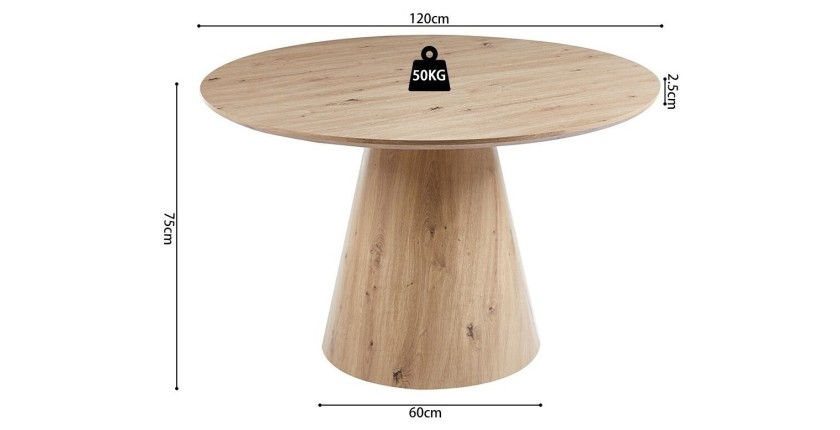 Table à manger SOLENA – Ø120 cm – Coloris chêne vieilli – Design rond – Style contemporain et chaleureux 