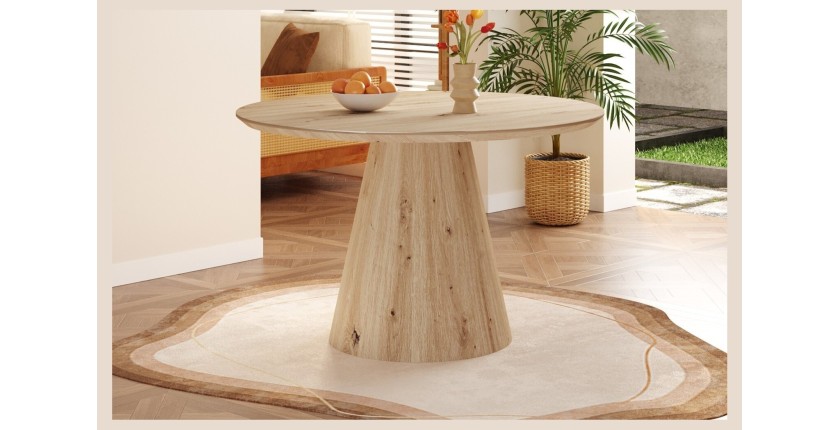 Table à manger SOLENA – Ø120 cm – Coloris chêne vieilli – Design rond – Style contemporain et chaleureux 