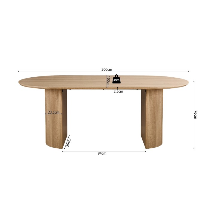 Table à manger VAGOS – 200x100 cm – Coloris chêne naturel – Plateau MDF 3D – Design contemporain et chaleureux 