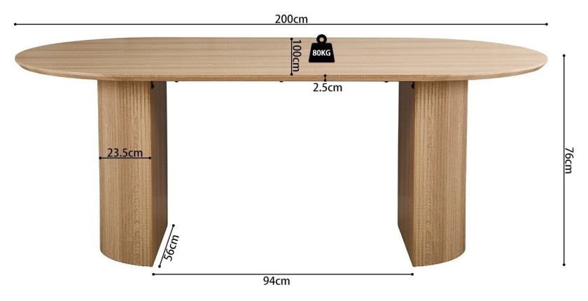 Table à manger VAGOS – 200x100 cm – Coloris chêne naturel – Plateau MDF 3D – Design contemporain et chaleureux 