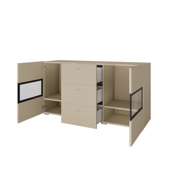 Buffet RAMOS 130 cm – Beige chiaro – 2 porte in vetro e 3 cassetti – Senza LED