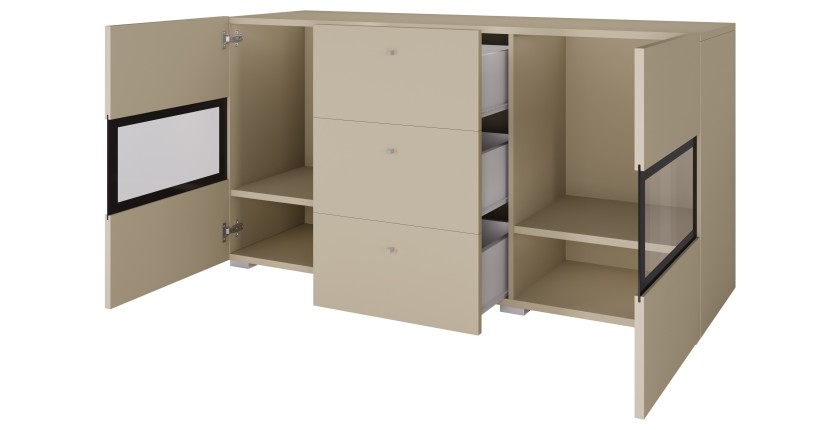 Buffet RAMOS 130 cm – Hellbeige – 2 Glastüren und 3 Schubladen – Ohne LED