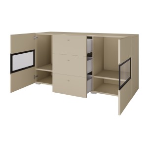 Buffet RAMOS 130 cm – Hellbeige – 2 Glastüren und 3 Schubladen – Ohne LED