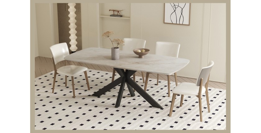 Table à manger ARVENA – 180x90 cm – Coloris pierre marbré beige – Plateau effet pierre – Design élégant et moderne 