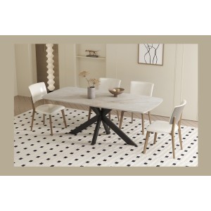 Table à manger ARVENA – 180x90 cm – Coloris pierre marbré beige – Plateau effet pierre – Design élégant et moderne 